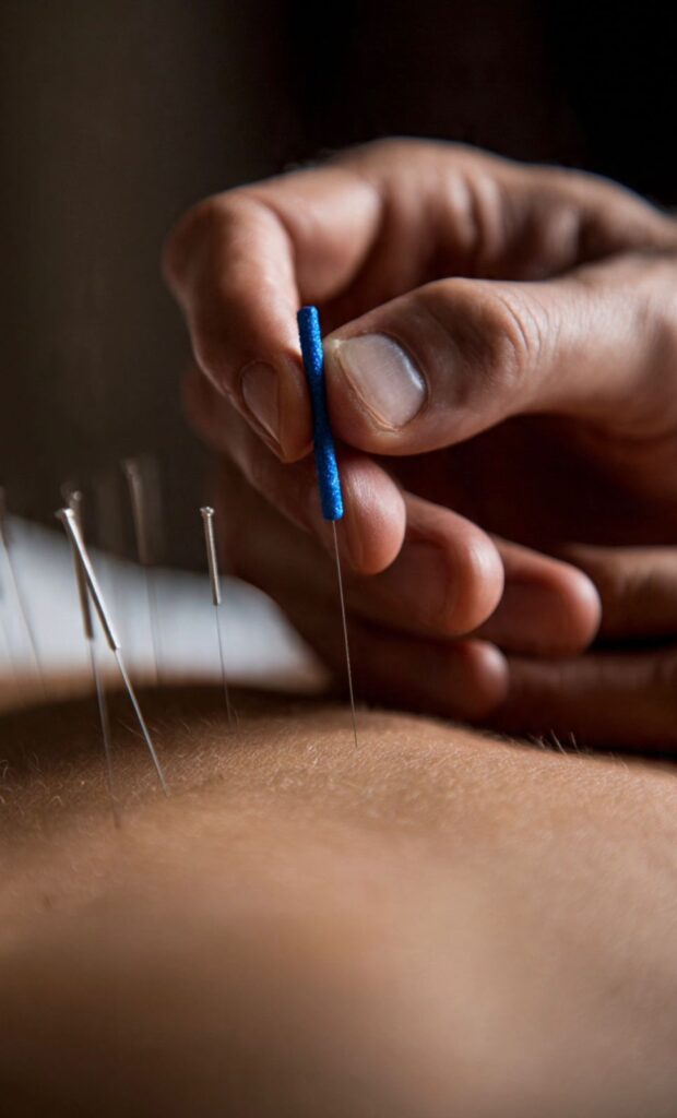 Dry needling and acupuncture treatment being performed by a licensed therapist using fine sterile needles for pain relief