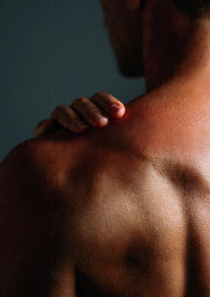 Person demonstrating pendulum exercise to improve range of motion in frozen shoulder (adhesive capsulitis) treatment.